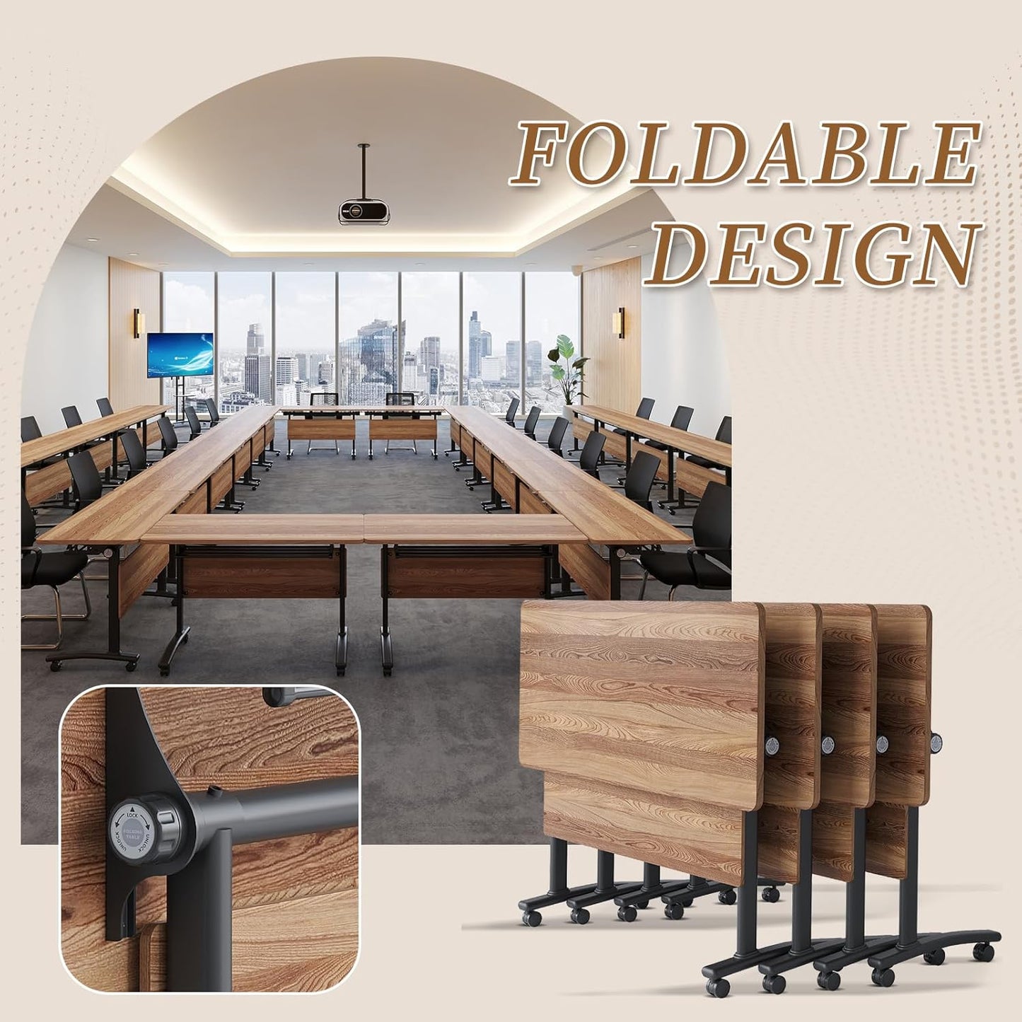 Folding Conference Room Table, Modern Conference Tables with Silent Wheels, Large Rectangular Mobile Training Tables for Office Classroom, Foldable Modular Boardroom Seminar Table (4pack L47.2in)