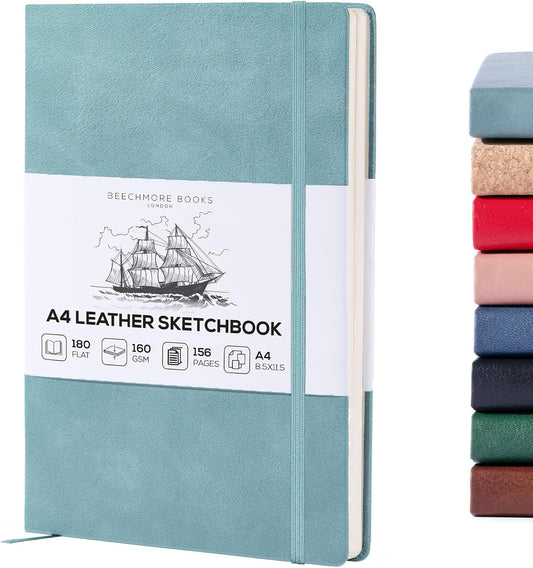 BEECHMORE BOOKS A4 Sketchbook – 8.5x11 Premium Vegan Leather Bound Large Sketch Book Hardcover With 156 Thick 160gsm Perforated Ivory Pages, Blank Sketch Pad, Gift Boxed, Back Pocket, Ribbon Bookmark