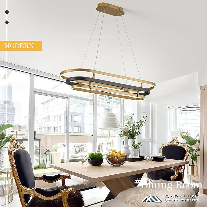3 Ring LED Chandelier Black Gold Rectangular Chandeliers 39in Modern Oval - Image 9