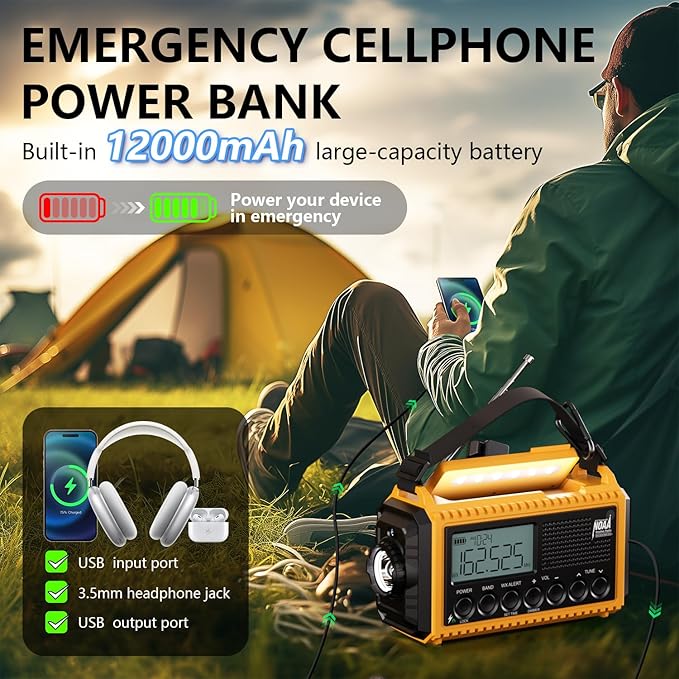 Emergency Radio12000mAh, Weather Radio 6 Ways Powered, Solar Hand Crank Radio - Image 4