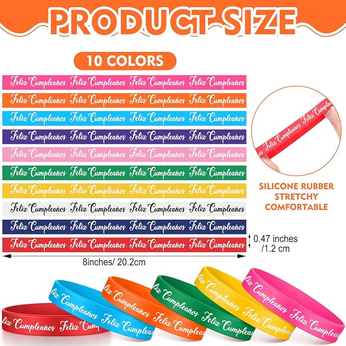 100 Pcs Spanish Happy Birthday Rubber Bracelets Bulk 10 Assorted Color Feliz - Image 2