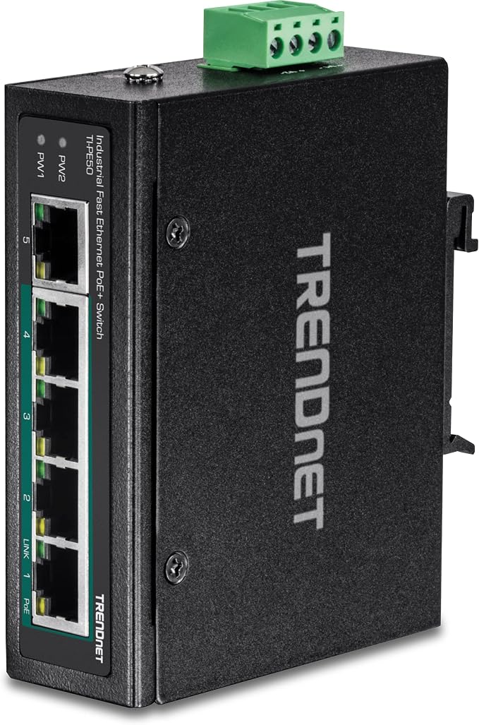TRENDnet 5-Port Industrial Unmanaged Fast Ethernet PoE+ DIN-Rail Switch by TRENDnet