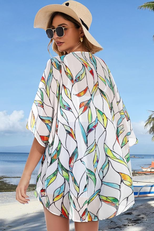 Women's Floral Print Puff Sleeve Kimono Cardigan Loose Cover Up Casual Blouse - Image 6
