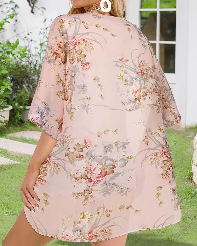 Women's Floral Print Puff Sleeve Kimono Cardigan Loose Cover Up Casual Blouse - Image 7