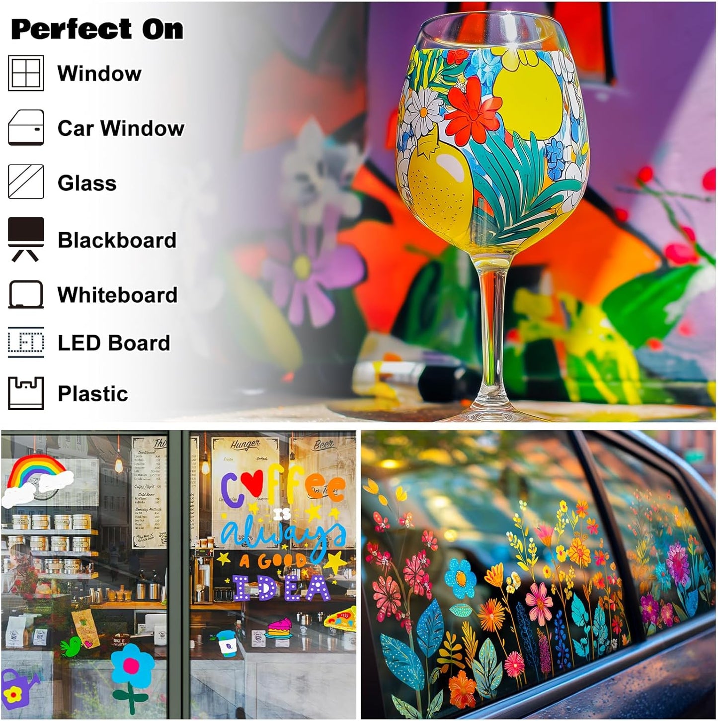 FansArriche Liquid Chalk Markers, 15mm Jumbo Car Window Markers, 8 Pack Erasable Neon Chalk Pens for Chalkboard, Blackboard, Glass, Signs, 3-in-1 Nib