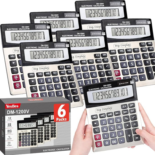 6 Pack Calculator Bulk, Calculators Desktop 12 Digit Extra Large LCD Display by YesBes