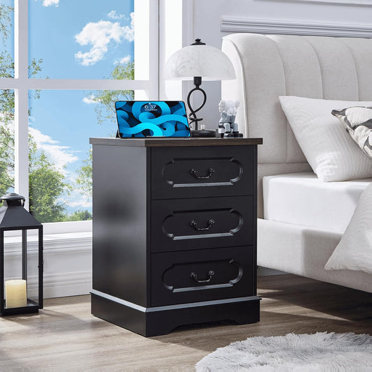 LIDYUK 3 Drawer Dresser for Bedroom Farmhouse Black Wood Chest of Drawers Bedroom Dresser with Charging Station, Rustic Small Drawers Dressers Nightstand Wooden Closet Storage Cabinet, Living Room