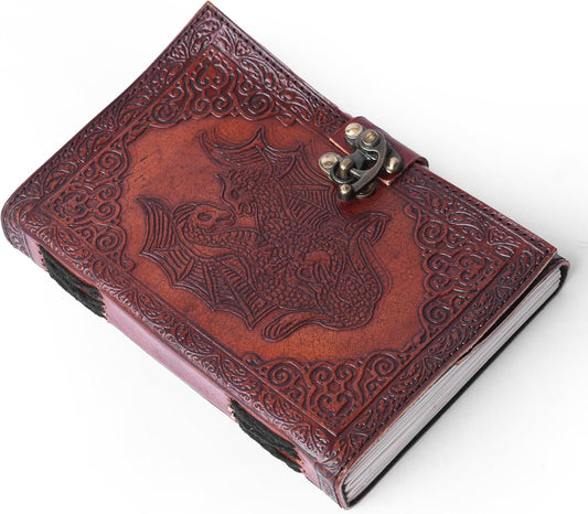 Twin Dragon Embossed Vintage Leather Journal – Book of Shadows Spell Book with Clasp Lock – 200 White Page Antique Deckle Edge Paper – Aesthetic Writing Diary Gift for Men & Women