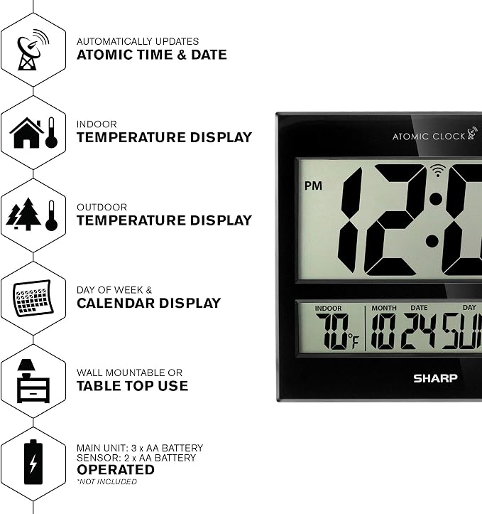 Sharp Atomic Clock – Never Needs Setting, Jumbo 3” Easy-Read Display, Indoor & - Image 3