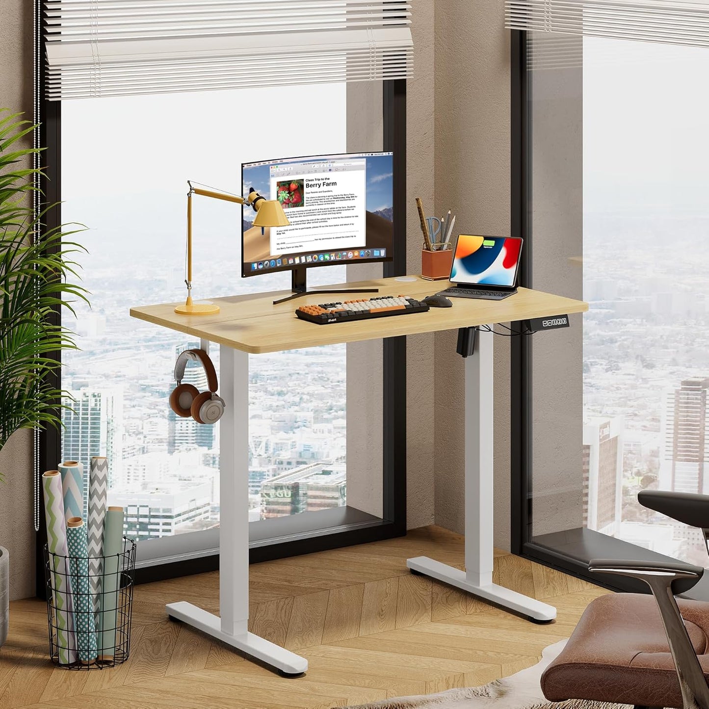 DEVAISE 40 Inch Electric Standing Desk, 3 Adjustable Height Stand up Desk for Home Office, Ergonomic Sit to Stand Desk with LED Touchscreen, 3 Memory Preset Computer Desk (Maple)