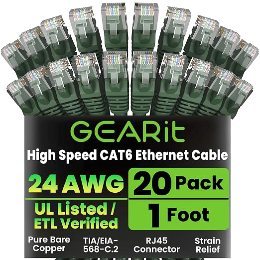 GEARit Cat 6 Ethernet Patch Cable 1 ft Green Cat6 Patch Cables 1ft by GEARit