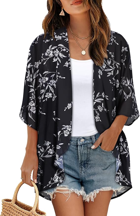 Women's Floral Print Puff Sleeve Kimono Cardigan Loose Cover Up Casual Blouse by CHICGAL