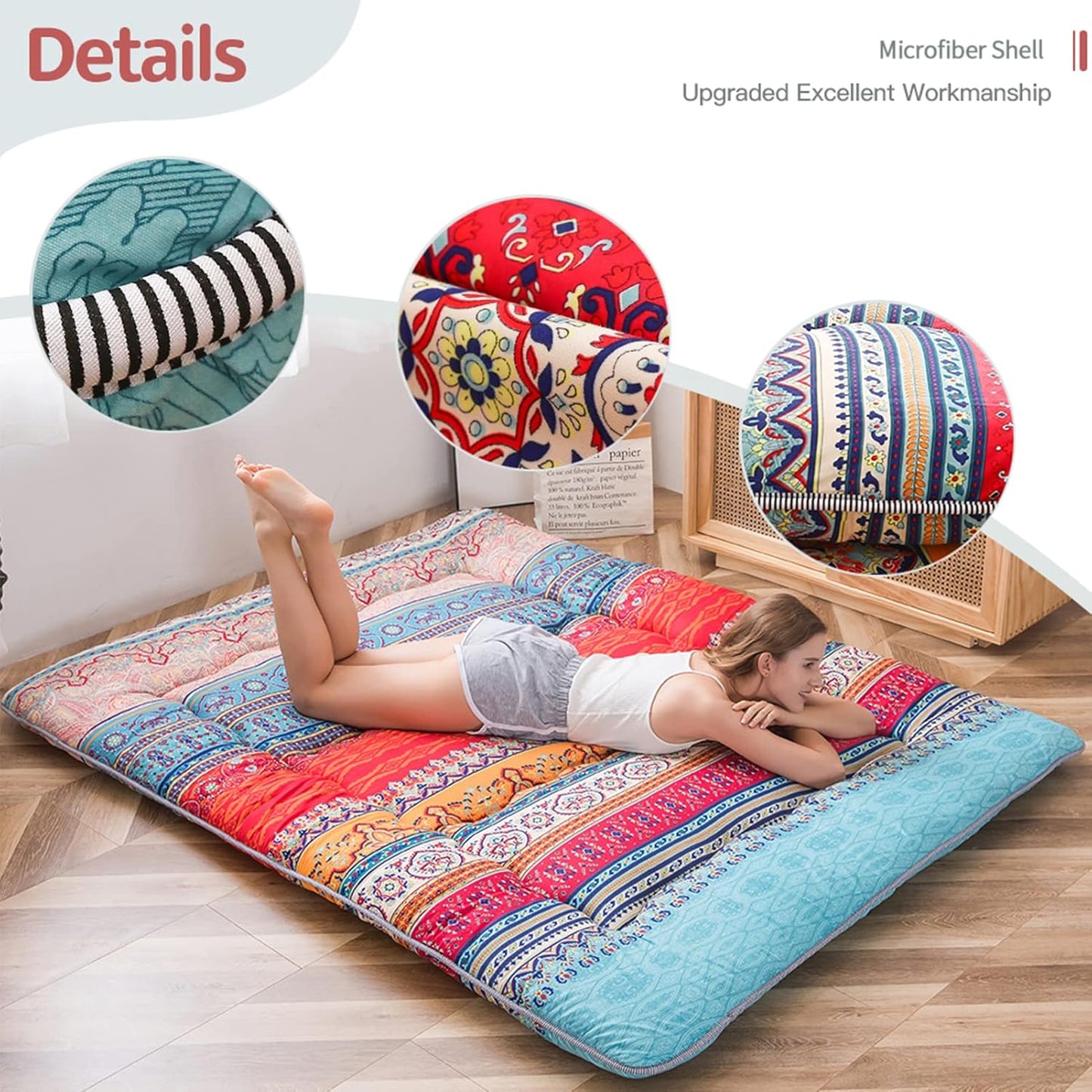 MAXYOYO Bohemian Retro Mattress Vintage Floral Japanese Futon Roll Up Tatami Floor Mat Foldable Bed Portable Camping Mattress Sleeping Pad Floor Lounger Couch Bed Full Size