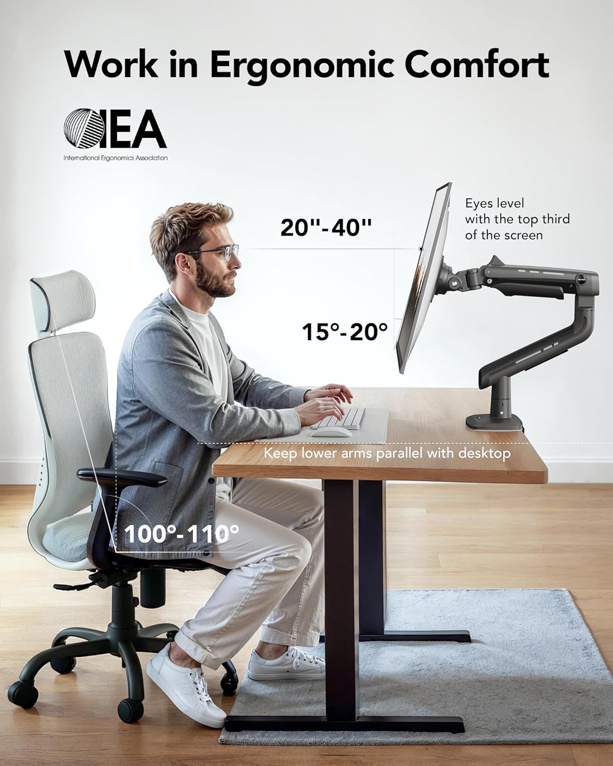HUANUO TitanLift™ Heavy Duty Monitor Arm for Ultrawide Screens up to 49", Holds 40 lbs, Aluminum Ultrawide Screen Desk Mount, Fully Adjustable Single Monitor Mount with Dual C-Clamp, Max VESA 100x100