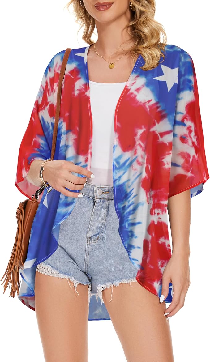Women's Floral Print Puff Sleeve Kimono Cardigan Loose Cover Up Casual Blouse - Image 3