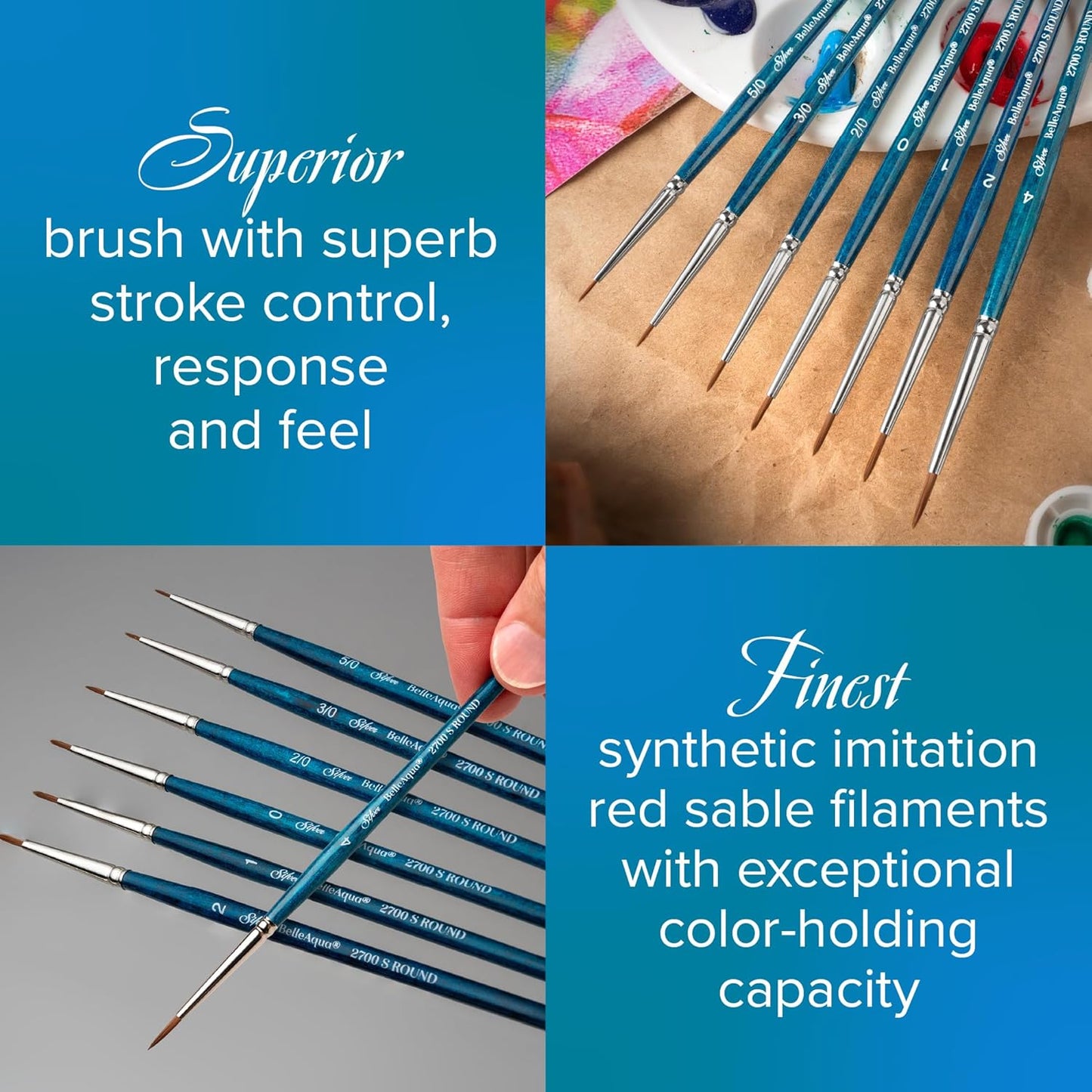 Silver Brush Limited BA-2707S BelleAqua Watercolor Detail Set, 5pc Professional Short Handle Watercolor Brush Set with Soft Synthetic Red Sable Bristles, Round, Bright, Liners & a Dagger Striper Brush