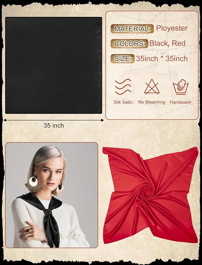 Senker Fashion 35" Head Scarf for Women, Pirate Costume Accessories Silk Red - Image 2