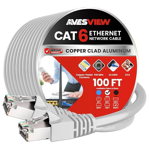 CAT 6 Shielded 100 FT Ethernet Cable, Indoor High-Speed 10Gbps Shielded 100 by AvesView