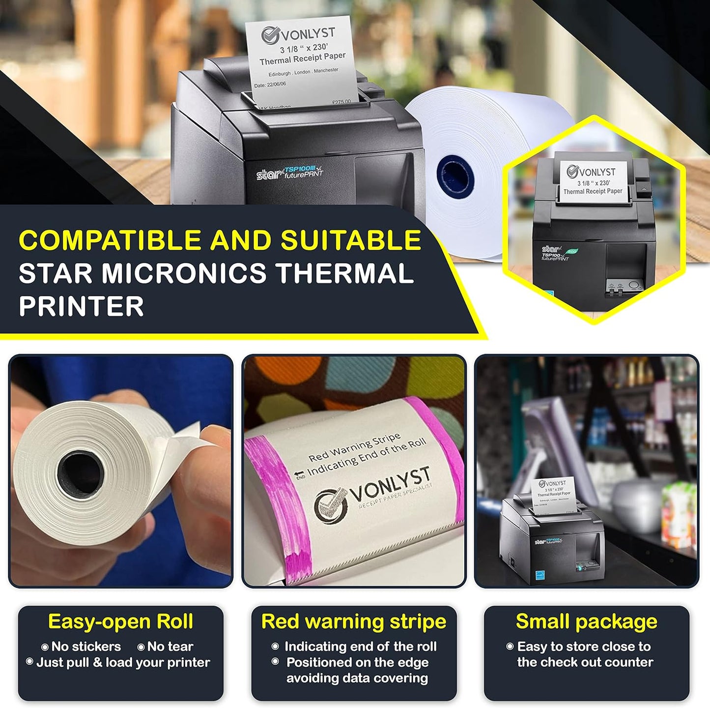 Receipt Paper Roll 3 1/8 x 230 for Square Register and Square POS System connected to Star Micronics Thermal Printer (Pack 24 rolls)