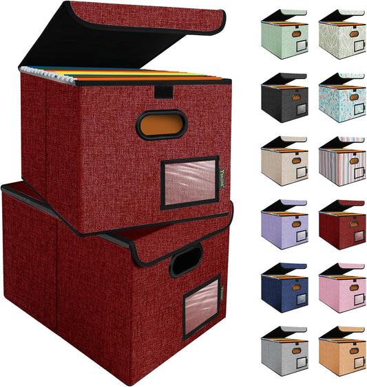 BALEINE Modern Red File Storage Box with Lid, Collapsible File Folder Organizer, 2 Pack, 15x12.5x10.5 inches