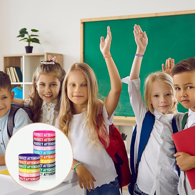 100 Pcs Perfect Attendance Silicone Wristbands 10 Assorted Color Reward Rubber - Image 6