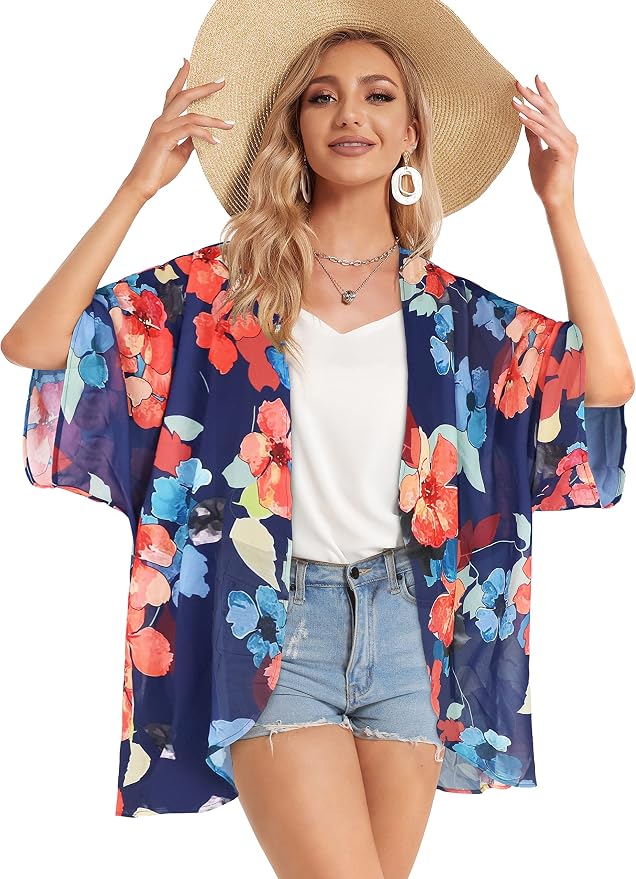 Women's Floral Print Puff Sleeve Kimono Cardigan Loose Cover Up Casual Blouse - Image 5