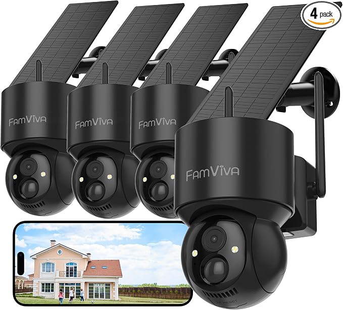 2K Solar Security Cameras Wireless Outdoor, 360°PTZ Battery Powered Cameras by FamViva