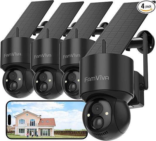 2K Solar Security Cameras Wireless Outdoor, 360°PTZ Battery Powered Cameras by FamViva
