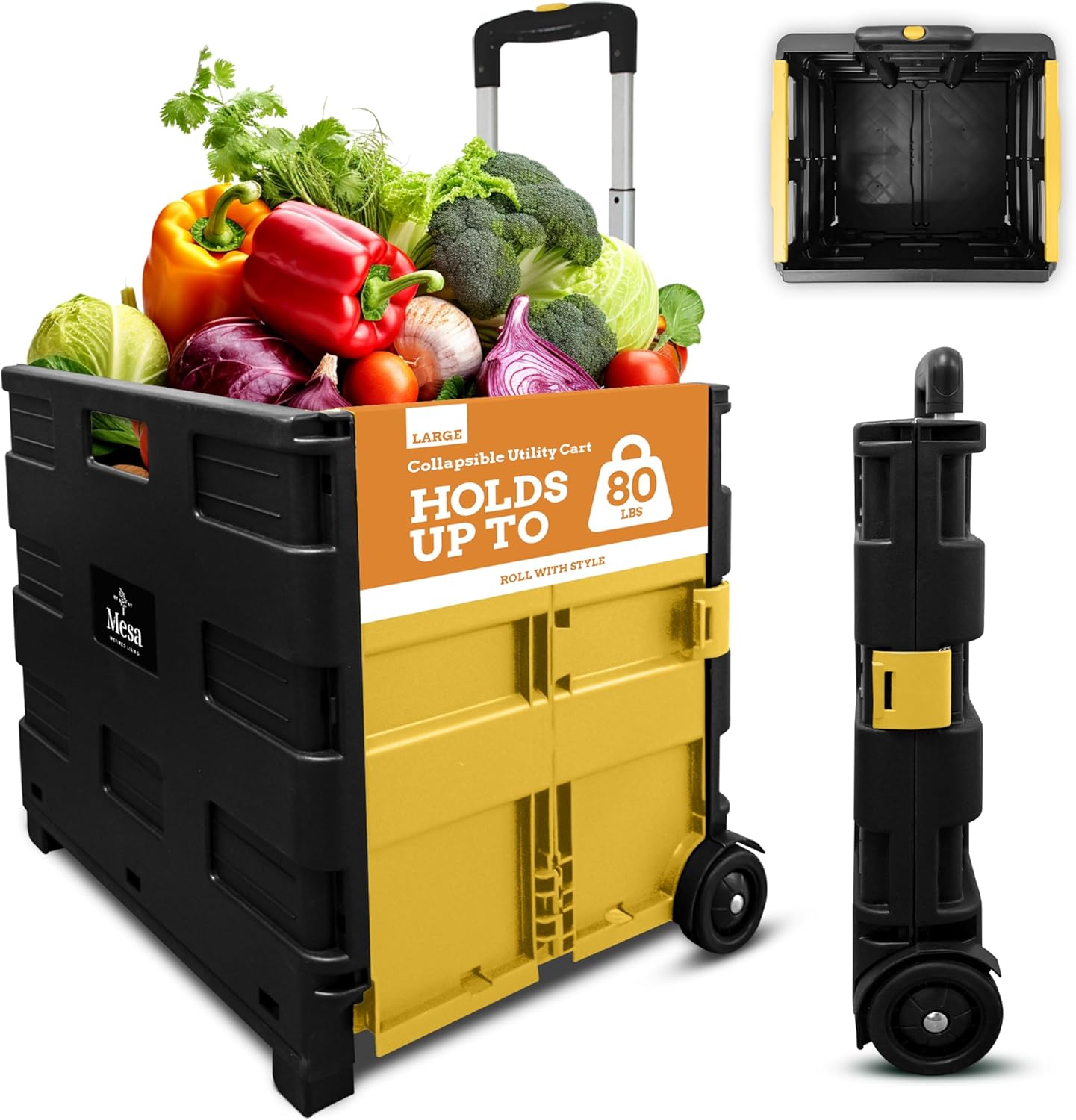 Inspired Living Ultra-Slim Rolling Collapsible Storage Pack-N-Roll Utility-carts, with Telescopic Handle, for Home, Garden, Shopping, Office, School use, Large, Yellow & Black