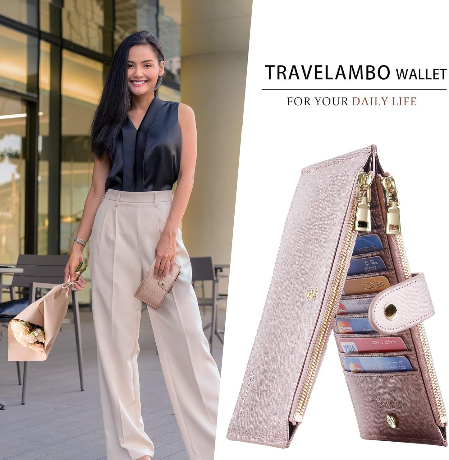 Travelambo RFID Wallet Women Large Size Bifold Multi Card Wallet Case with Zipper Pocke Credit Card Holder for Women