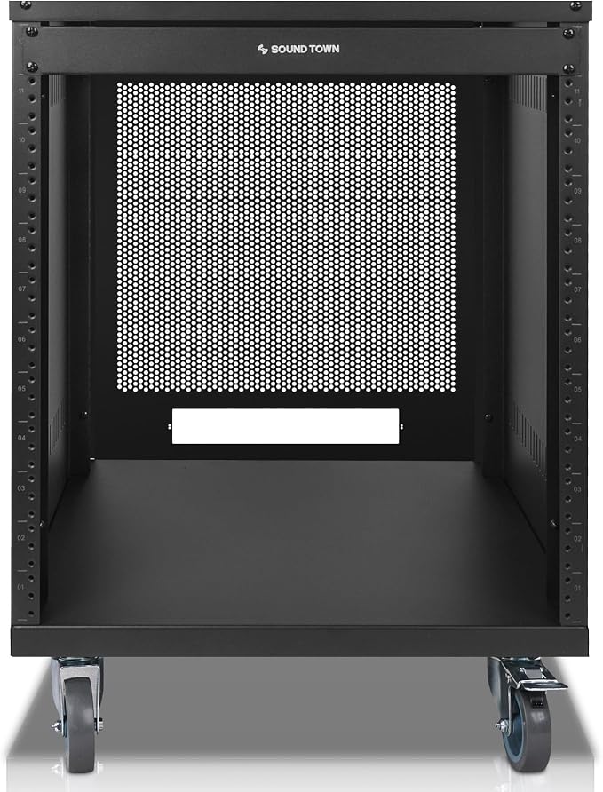Sound Town 12U Universal Steel Rack, w/Mesh Doors, Locking Casters, Vented Side - Image 3