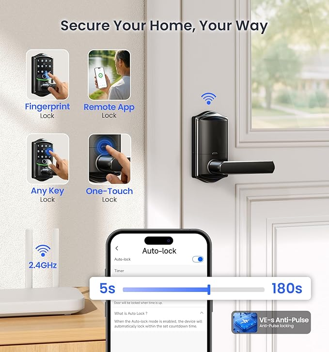Veise VE029 WiFi Smart Lever Lock, Fingerprint Keyless Entry Door Lock - Image 6