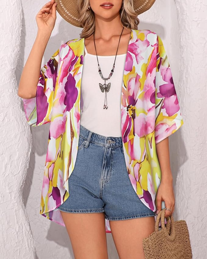 Women's Floral Print Puff Sleeve Kimono Cardigan Loose Cover Up Casual Blouse - Image 4