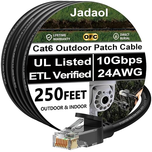 Jadaol Cat6 Outdoor Ethernet Cable 250 ft, Support Cat8/7 Network, 10Gbps 24AWG by Jadaol