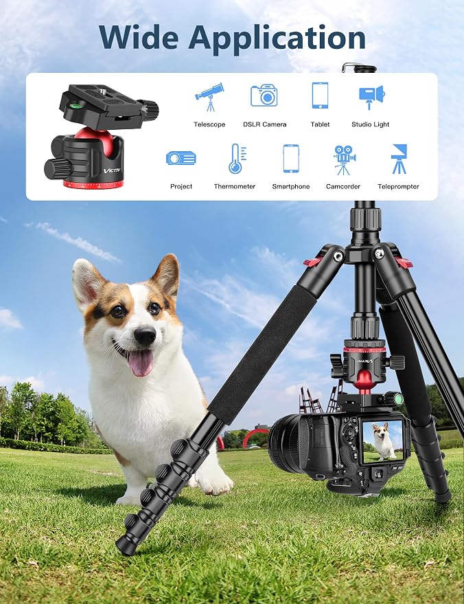 78" Porfessional Tripod for Camera & Phone, Victiv Aluminum Camera Tripod - Image 3