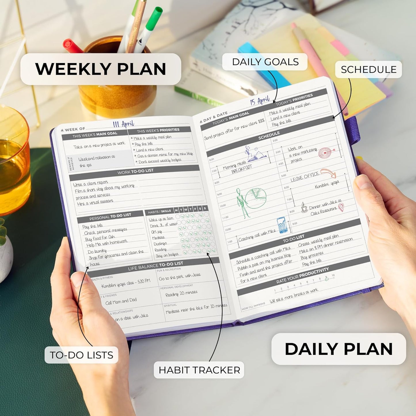 Clever Fox Daily Planner – Undated Planning Notebook with Hourly Schedule & To-Do List – Personal Day Task & Work Organizer, 6 Months (Purple)