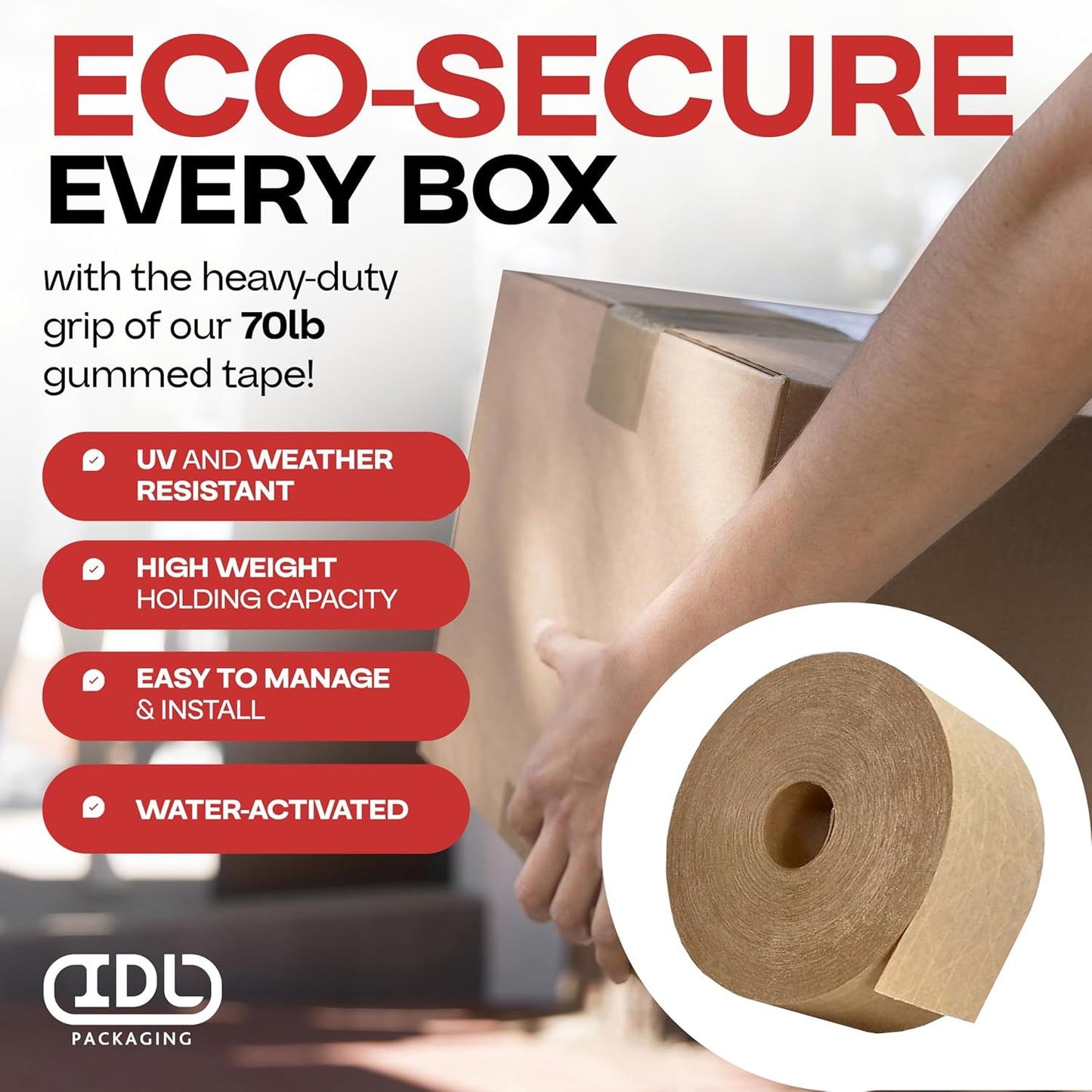 IDL Packaging 3" x 375 feet Reinforced Water-Activated Kraft Gummed Tape 70lb Thickness (Pack of 6) - Secure Paper Packing Tape for Secure Carton Sealing - Heavy-Duty for All Conditions, Brown