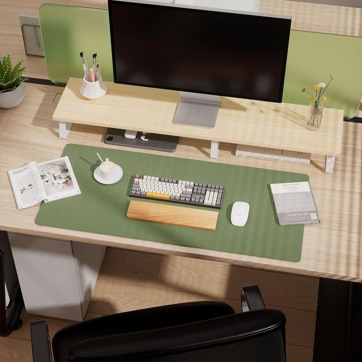 Aothia Dual-Sided Desk Mat - Natural Cork & Leather Desk Protector, Large Mouse Pad & Writing Pad for Office/Home, Olive Green (35.4" x 15.7")