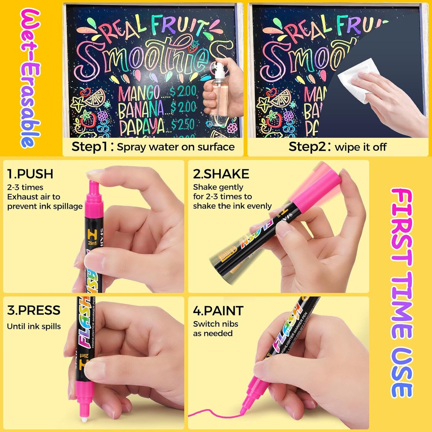 SFAIH Fine Tip Liquid Chalk Markers for Bhalkboard [1-Second Wet Wipe], 0.7-1mm 30 Colors [Neon+Pastel+Metallic], Chalk Pens for Chalkboard, Calendar, Windows, Glass, Includes Highlighter Color Marker