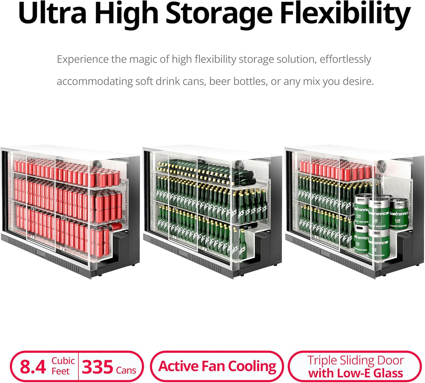 54 in. 335 cans Triple Sliding Door Back Bar Beverage Cooler, 10.8 cu. ft. Under Counter Glass Door Bar Fridge, lockable, 32-50°F Display Refrigerator, ETL & NSF7 Certified