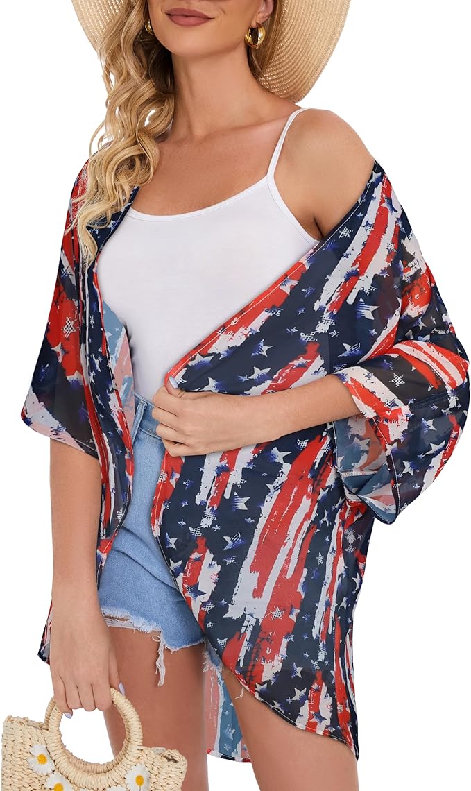 Women's Floral Print Puff Sleeve Kimono Cardigan Loose Cover Up Casual Blouse - Image 4