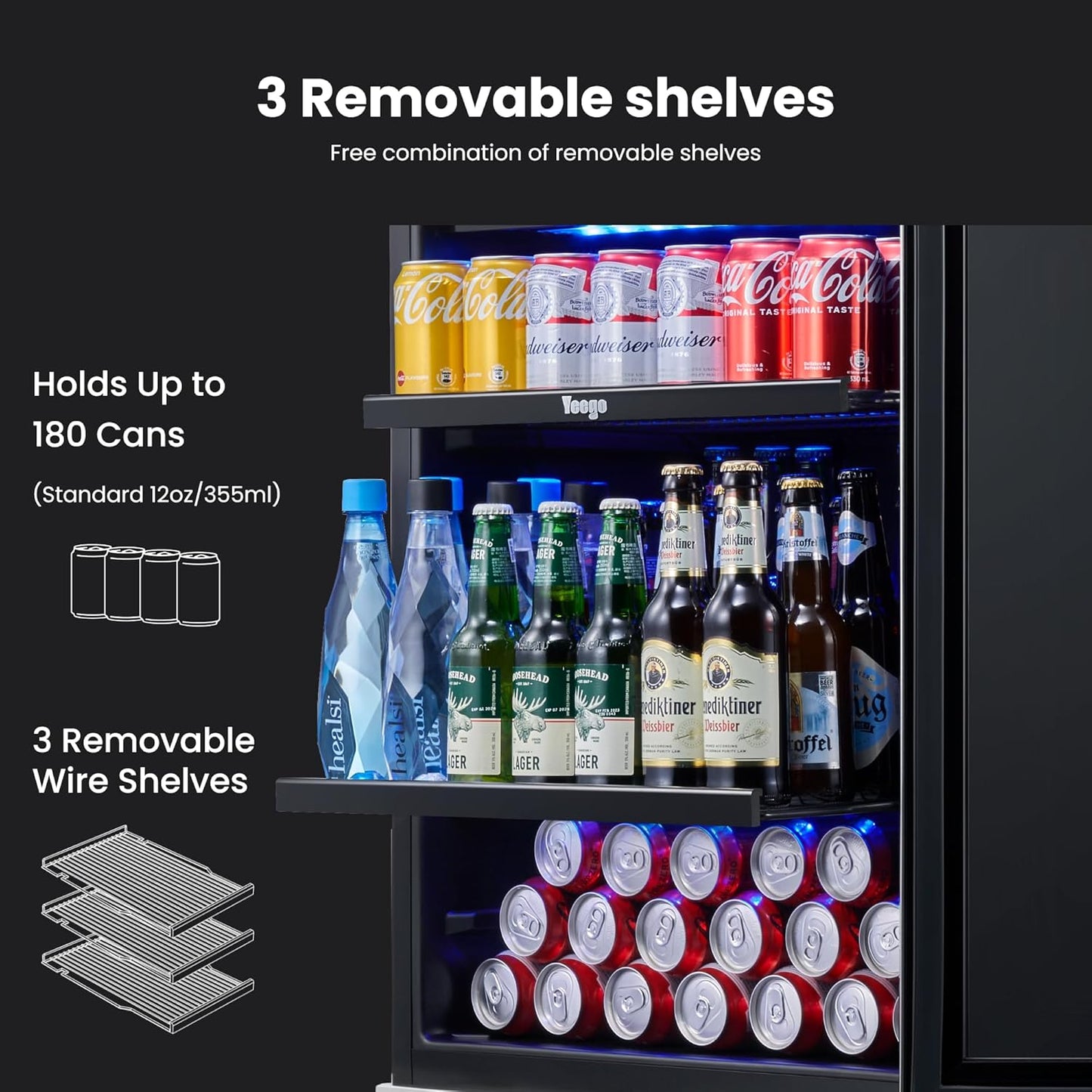 Yeego Beverage Refrigerator Cooler - 24 inch 180 Cans Mini Fridge with Glass Door, 34-54 ℉ Under Counter Refrigerator Built-in for Wine Beer Soda for Bar Bedroom Office