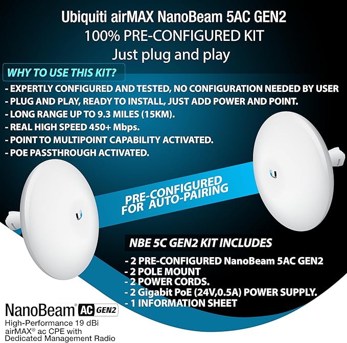 Wireless Bridge NBE-5AC-GEN2 PRE-CONFIGURED Bundle of 2 Ubiquiti NanoBeam 5AC - Image 3