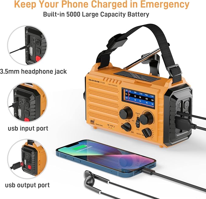 Eoxsmile Emergency Radio with NOAA Weather Alert, 5000mAh Solar Hand Crank - Image 4