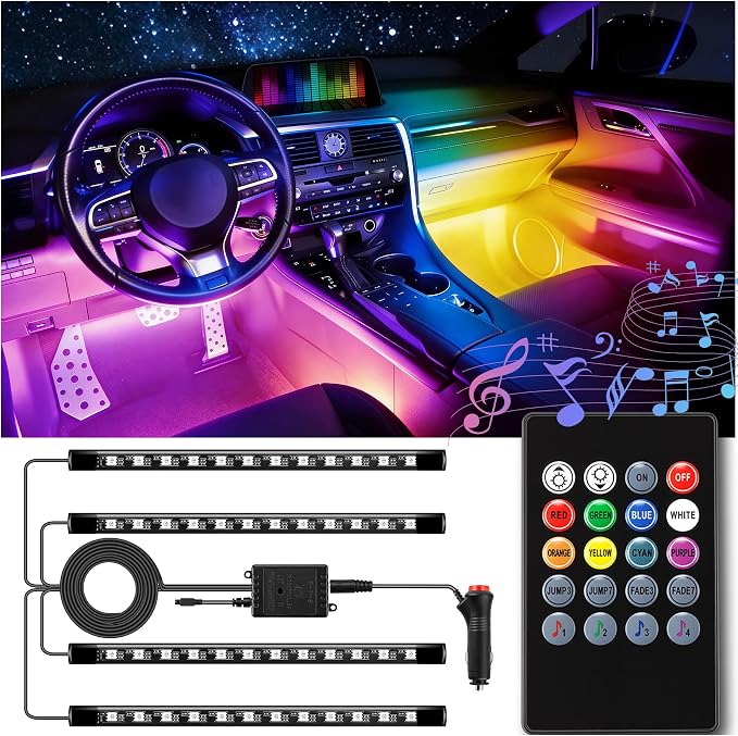 LivTee Car Led Interior Lights，4pcs 48 LED Multicolor Music Car Interior by LivTee