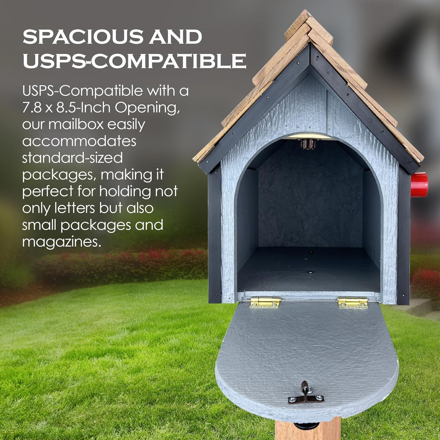 Peaceful Classics Amish Cedar Roof Wooden Mailbox with Window & Door Trim, Handcrafted Mailboxes for Outside, Post Mount Residential Mailboxes - (Red with White Trim)