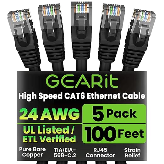 GEARit Cat 6 Ethernet Patch Cable 100 ft Black Cat6 Patch Cables 100ft by GEARit