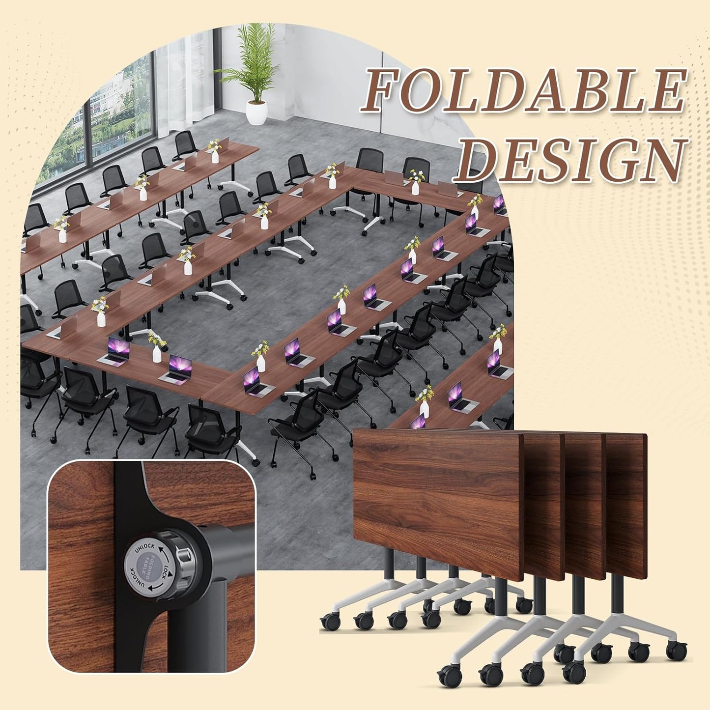 Folding Conference Room Table, Modern Conference Tables with Wheels, Large Rectangular Mobile Training Tables for Office Classroom, Foldable Modular Boardroom Seminar Table (10pack L70.9in)
