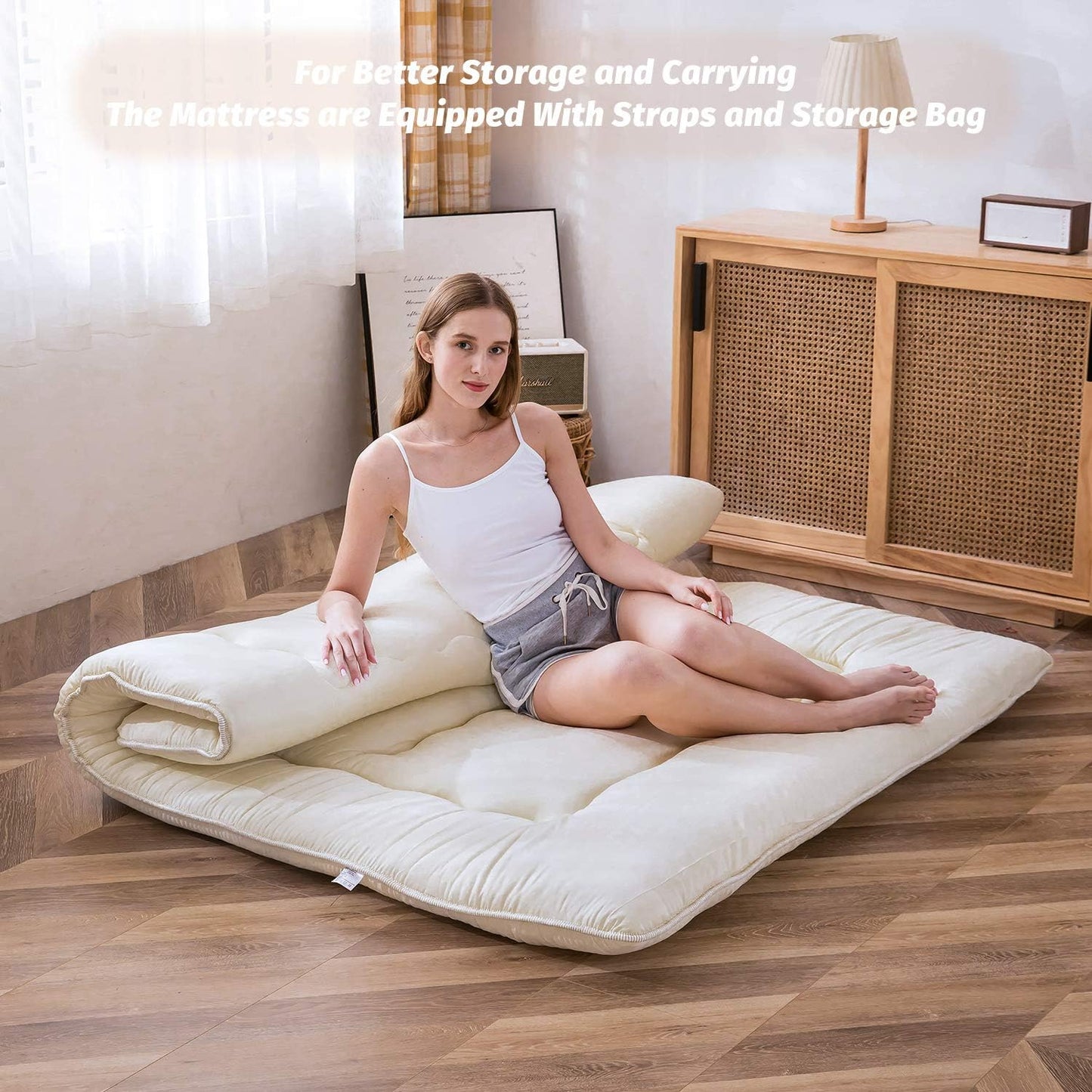 MAXYOYO Japanese Floor Mattress Futon Mattress, Thicken Sleeping Pad Foldable Roll Up Floor Futon for Adults Tatami Mat Dormitory Bed Lounger, Off White, Full Size