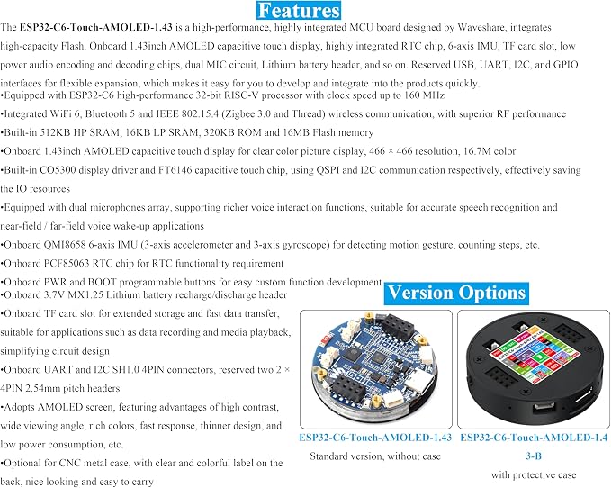 ESP32-C6 1.43inch AMOLED Round Touch Display Development Board, 160MHz RISC-V - Image 4
